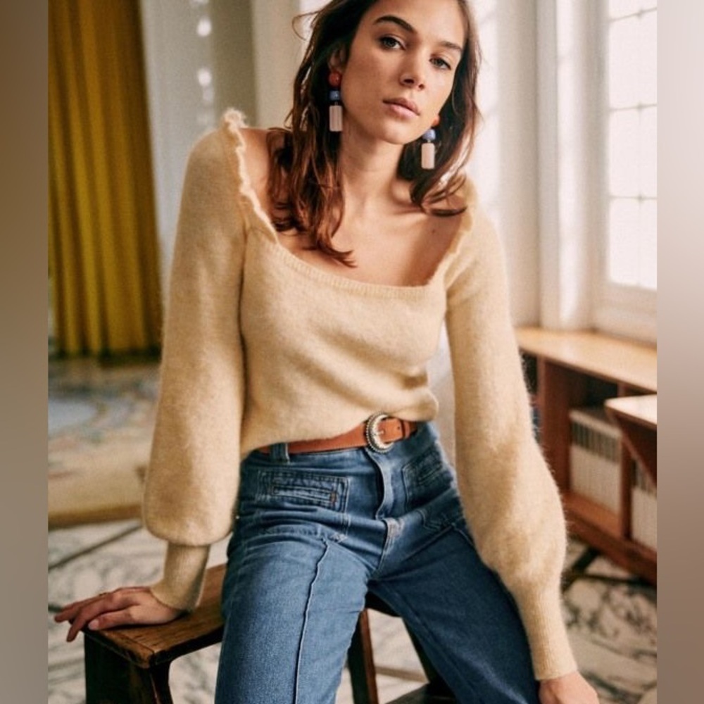 Sezane Mila Jumper Knit Sweater Square Neck Ruffle‎ Mohair Merino Wool French XS